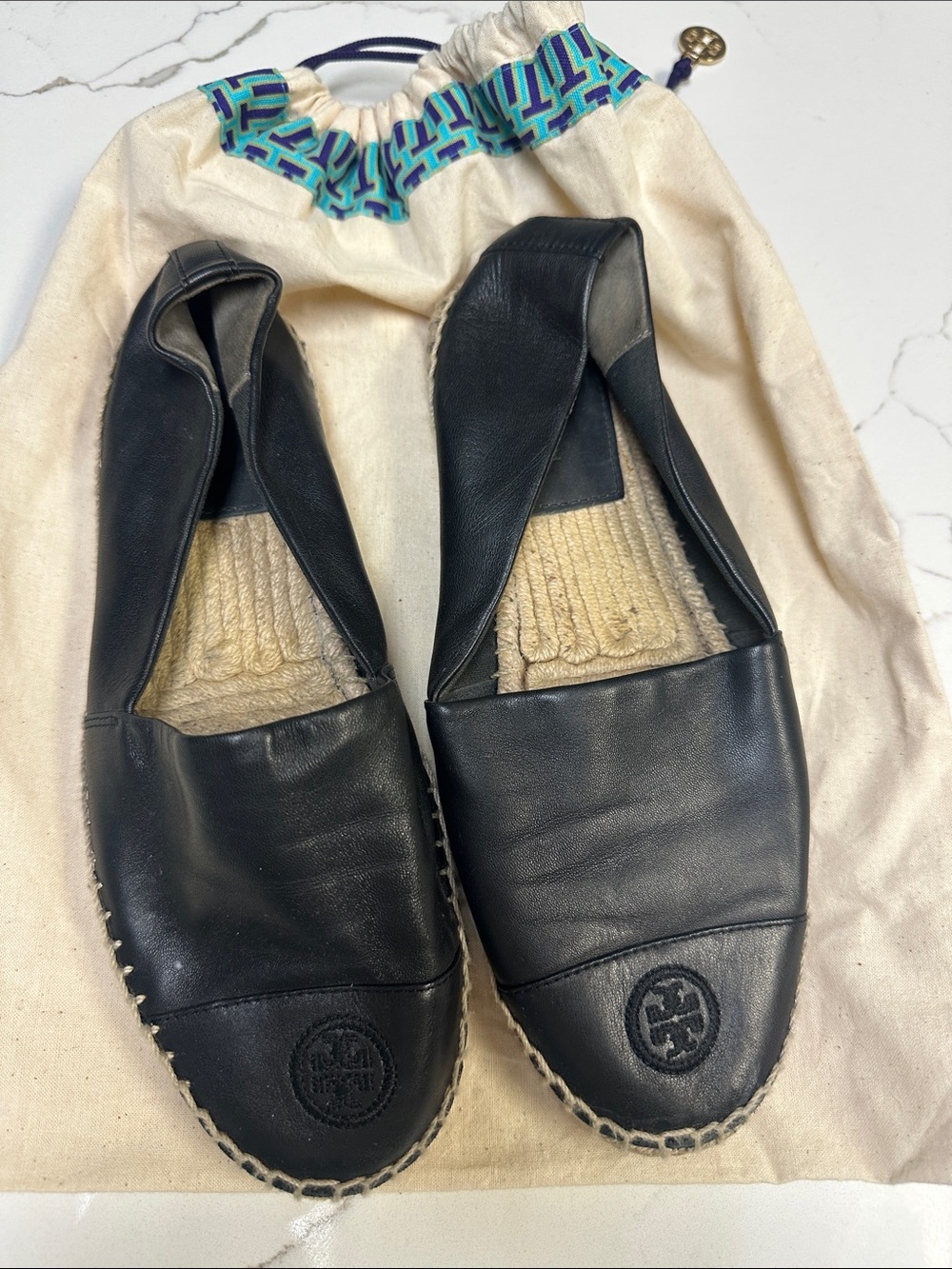 TORY BURCH Color Block Flat ESPADRILLE / ALL BLACK Leather Sz 8